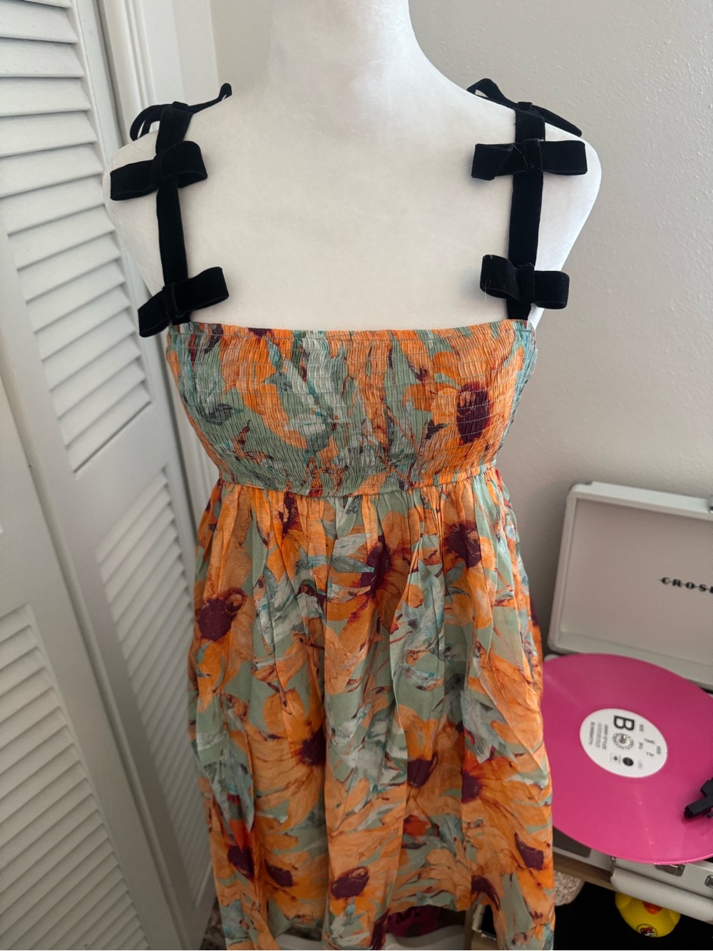 Floral Sundress with Black Velvet Bow Straps - Orange & Sage